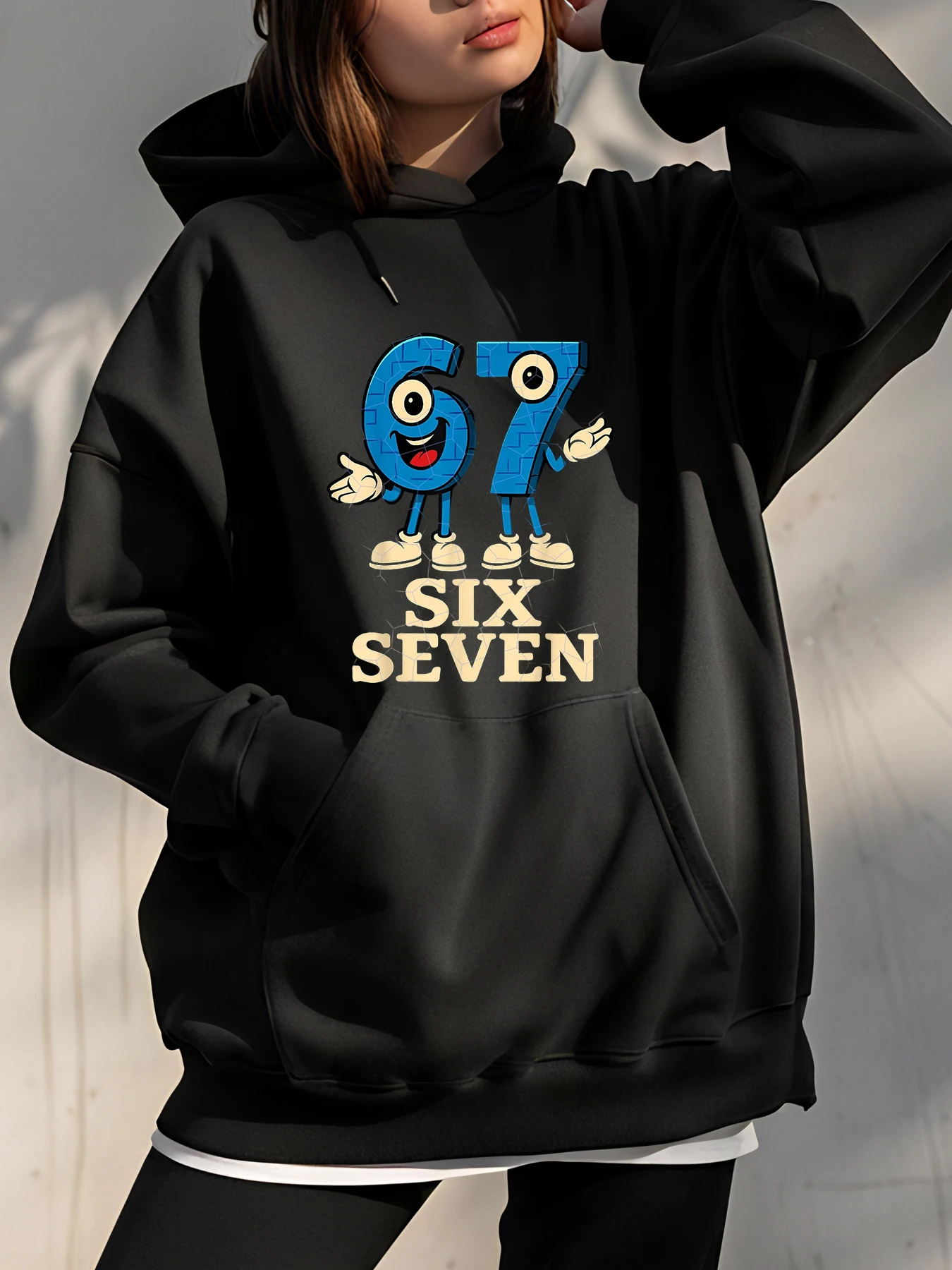 

【Christmas】Printed 67 Number Design Hoodie Loose Fit Casual Style Santa Hat Candy Cane Pattern Women's Streetwear Holiday Outfit