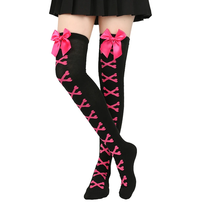 1 Pair Girls Black Sweet Cute Pink Y2K Harajuku Lolita Thigh High Stockings New Hot Girl Bone Bow Socks Streetwear