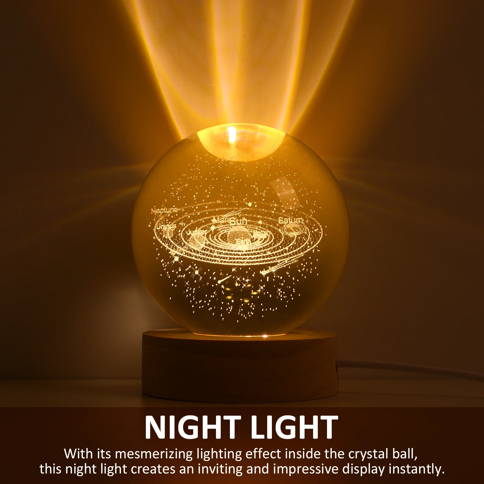 3D Engraved System Crystal Ball With Wood Base Lamp 8cm Solar System Model Night Light with Wood Base Table Lamp Gift