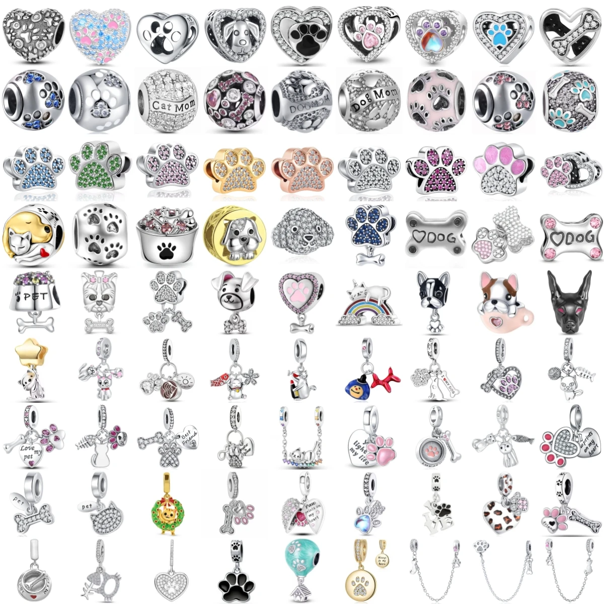 925 Sterling Silver Dog Paw Heart Crystal Charms Puppy Pet Dangle Large Hole Beads Women DIY Jewelry Gift