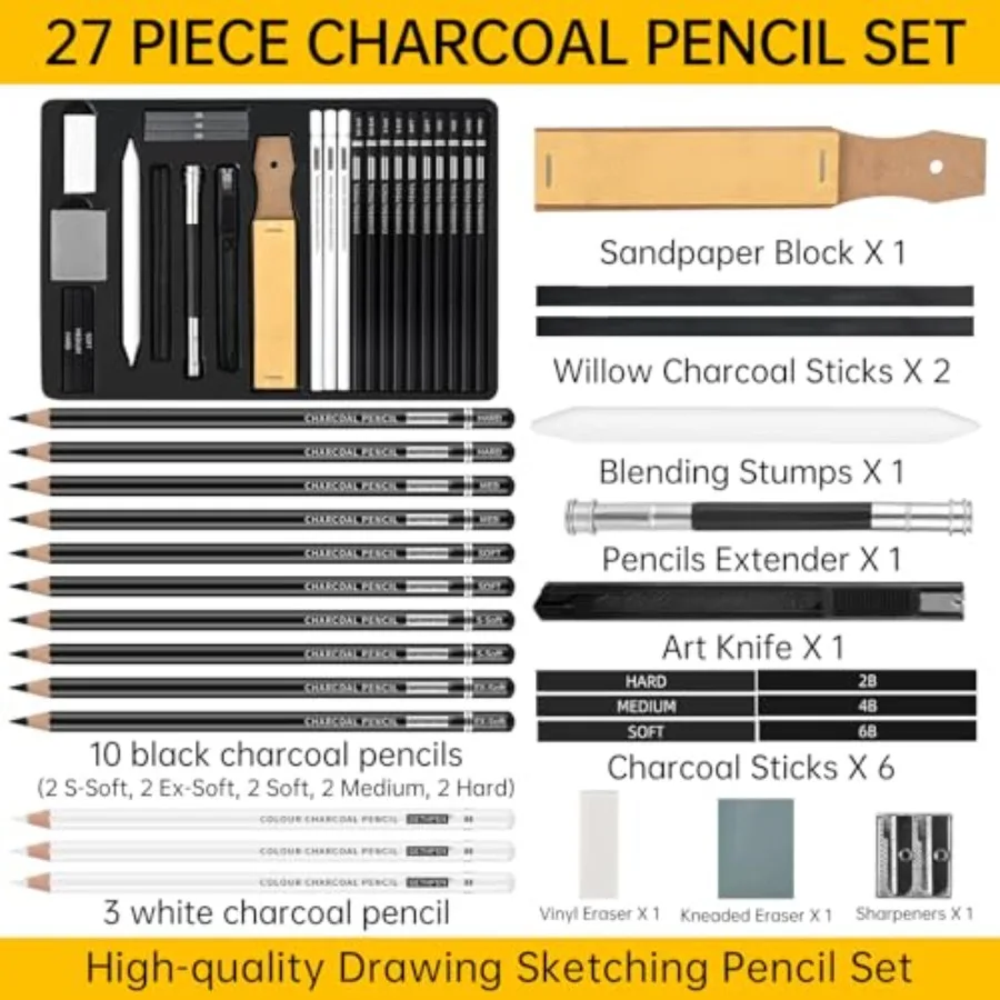 27 Piece Charcoal Drawing Set - Professional Black and White Charcoal Pencils for Sketching, Shading and Blending, Graphite Sti