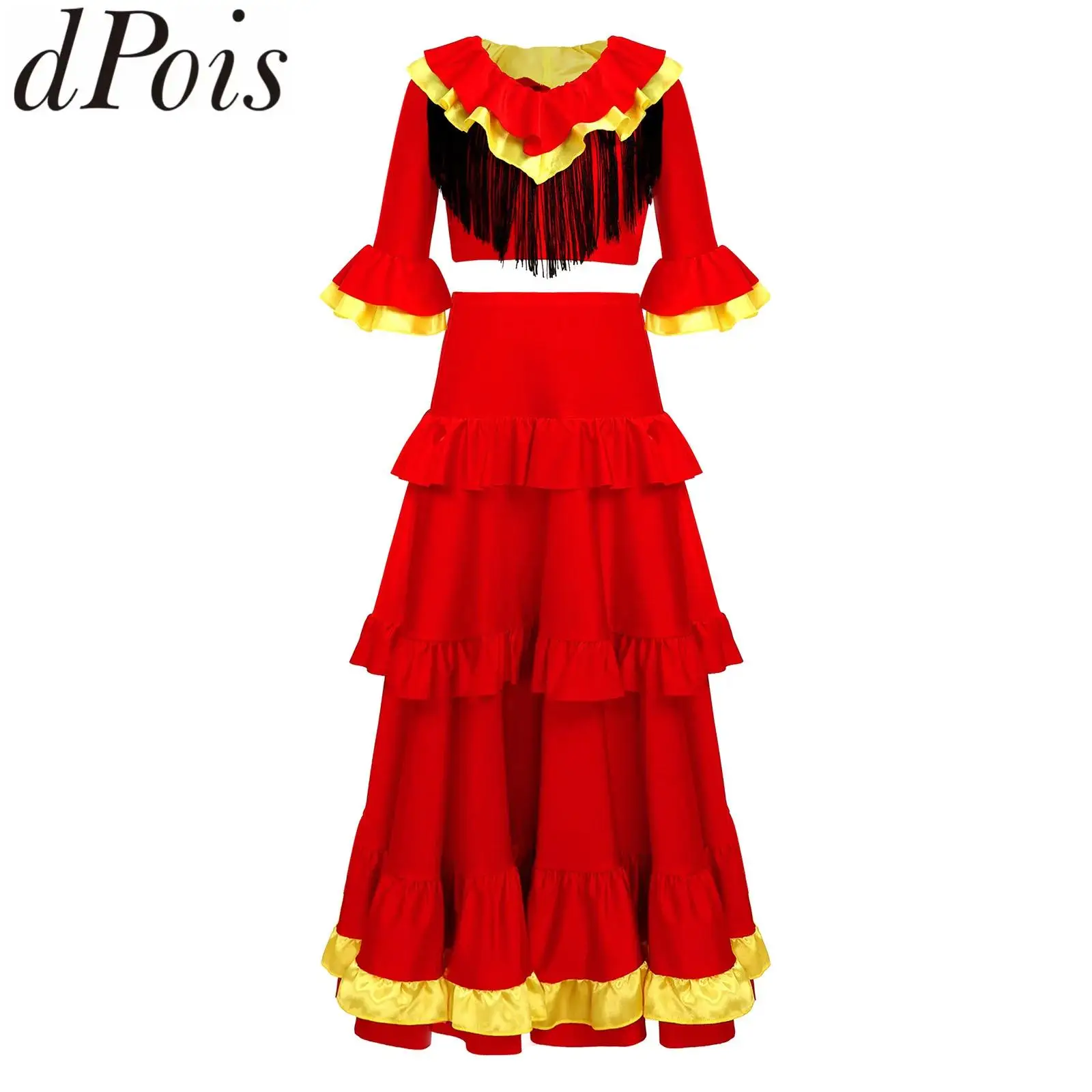 

Kids Girls Flamenco Gypsy Spanish Dance Costume Set Crop Top And Big Swing Skirt Carnival Party Outfit Belly Waltz Dance Costume