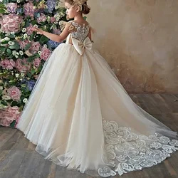 Lace Tulle Flower Girl Dresses With Bow Birthday Princess Girl Dresses For Wedding Party Big Bow Maxi Tulle First Communion Gown