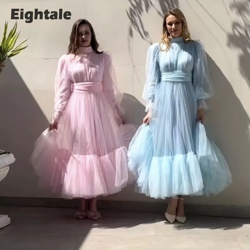 

Eightale Ruffed Prom Dresses Arabic High Neck Long Sleeves Sashes Tulle Evening Gown Party Dress vestidos para graduación