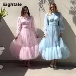Eightale Ruffed Prom Dresses Arabic Customized Long Sleeves Sashes Tulle Evening Gown Party Dress vestidos para graduación