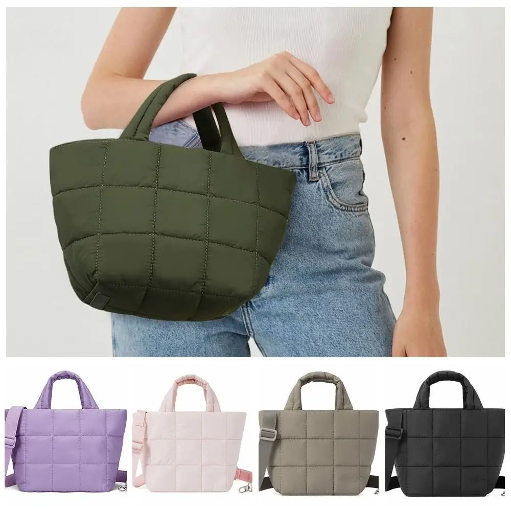 

Casual Quilted Tote Bag Detachable Strap Nylon Crossbody Bag Multi-Pocket with Zipper Shoulder Bag Women