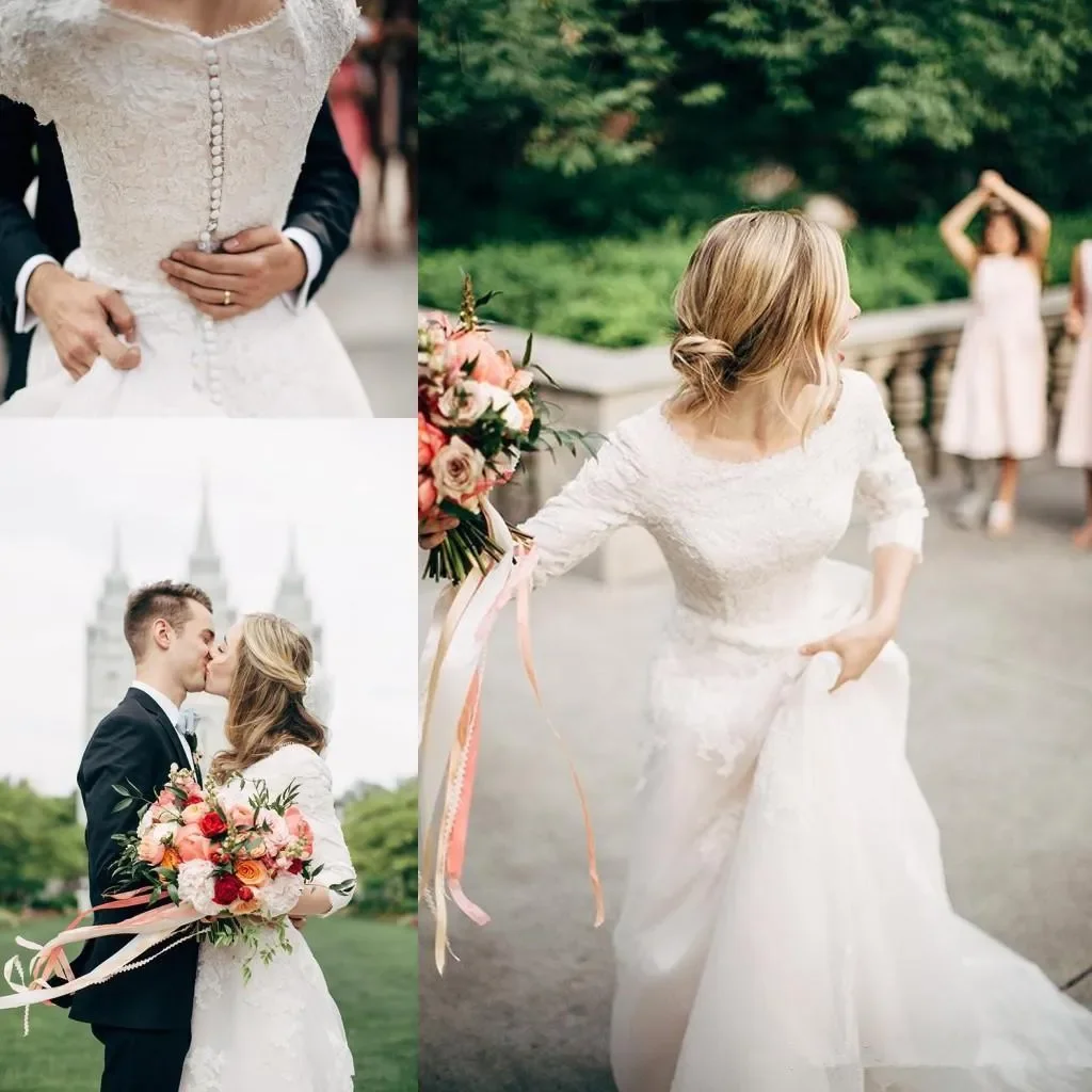 Modest New Arrival Chic A Line Dresses Sleeves Lace Appliques Tulle Sweep Train Country Style Wedding Dress Bridal Gowns