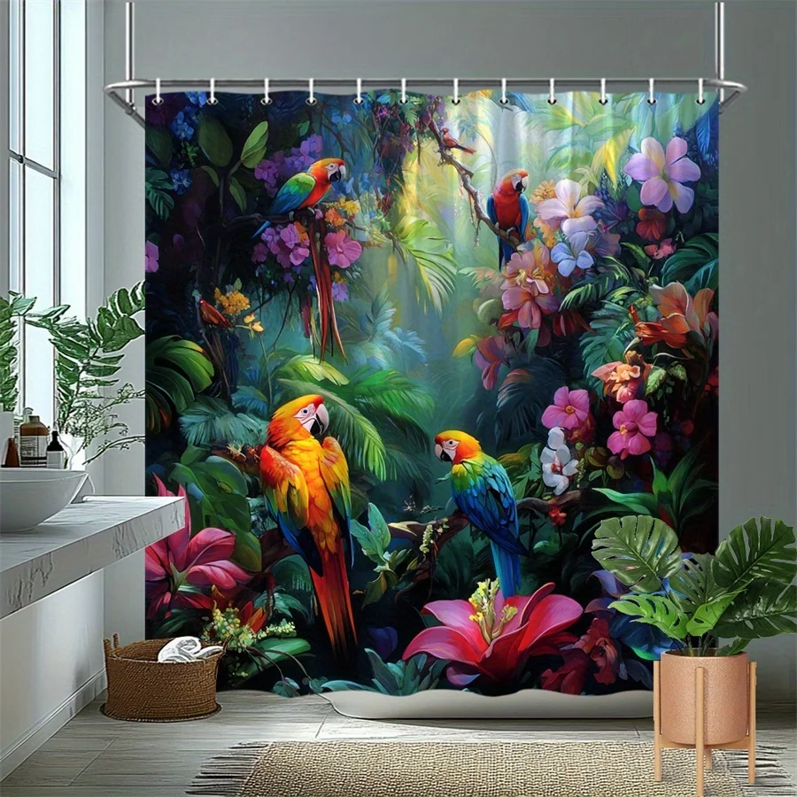 Tropical Rainforest Shower Curtain Colorful Macaw Parrot Vibrant Flowers Sunlit Canopy Jungle Paradise Bathroom Decor