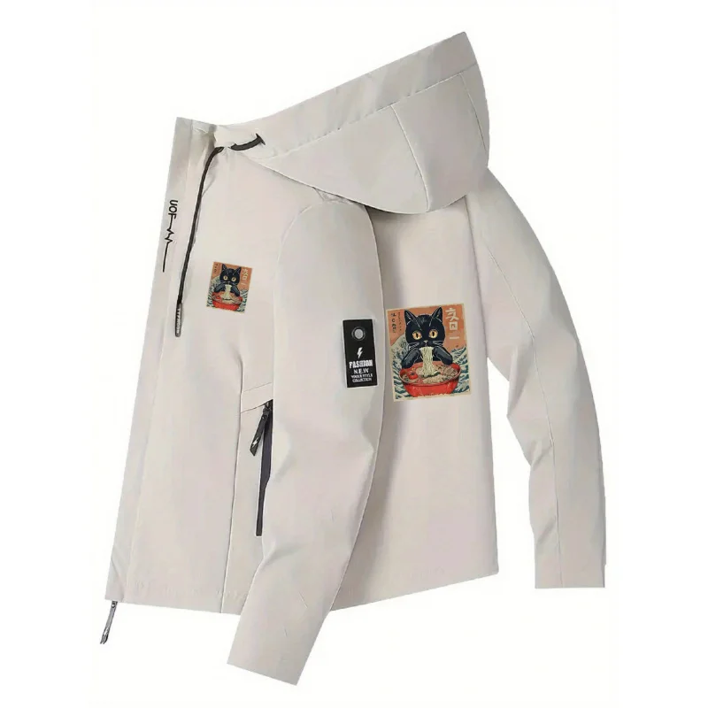 

Мужская ветрозащитная куртка с капюшоном и принтом "кот ест лапшу", ветрозащитная куртка для активного отдыха на природе с молнией.