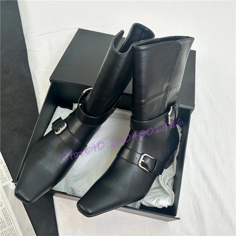 جلد أسود كعب سميك الأحذية الغربية الرجعية ساحة تو مشبك معدني دراجة نارية الجوارب ربيع الخريف موضة جديدة أحذية النساء