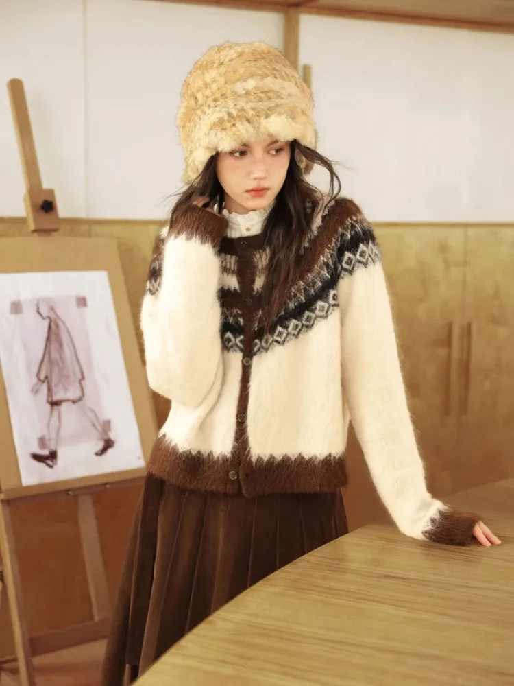 CHEERART-cárdigans marrones peludos de Fair Isle nórdico para mujer, suéter con botones, prendas de punto, suéter cálido Vintage para invierno, abrigo 2025