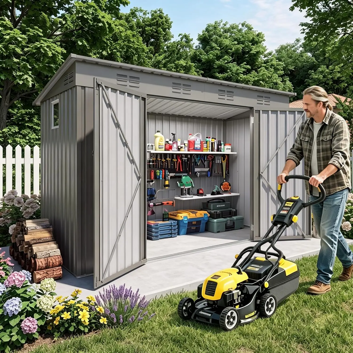 4x9 ft Lean to Shed Outdoor Storage Lockable Door & Window Metal Sloping Roof 6 Vents Garden Tool Backyard Patio, Customized