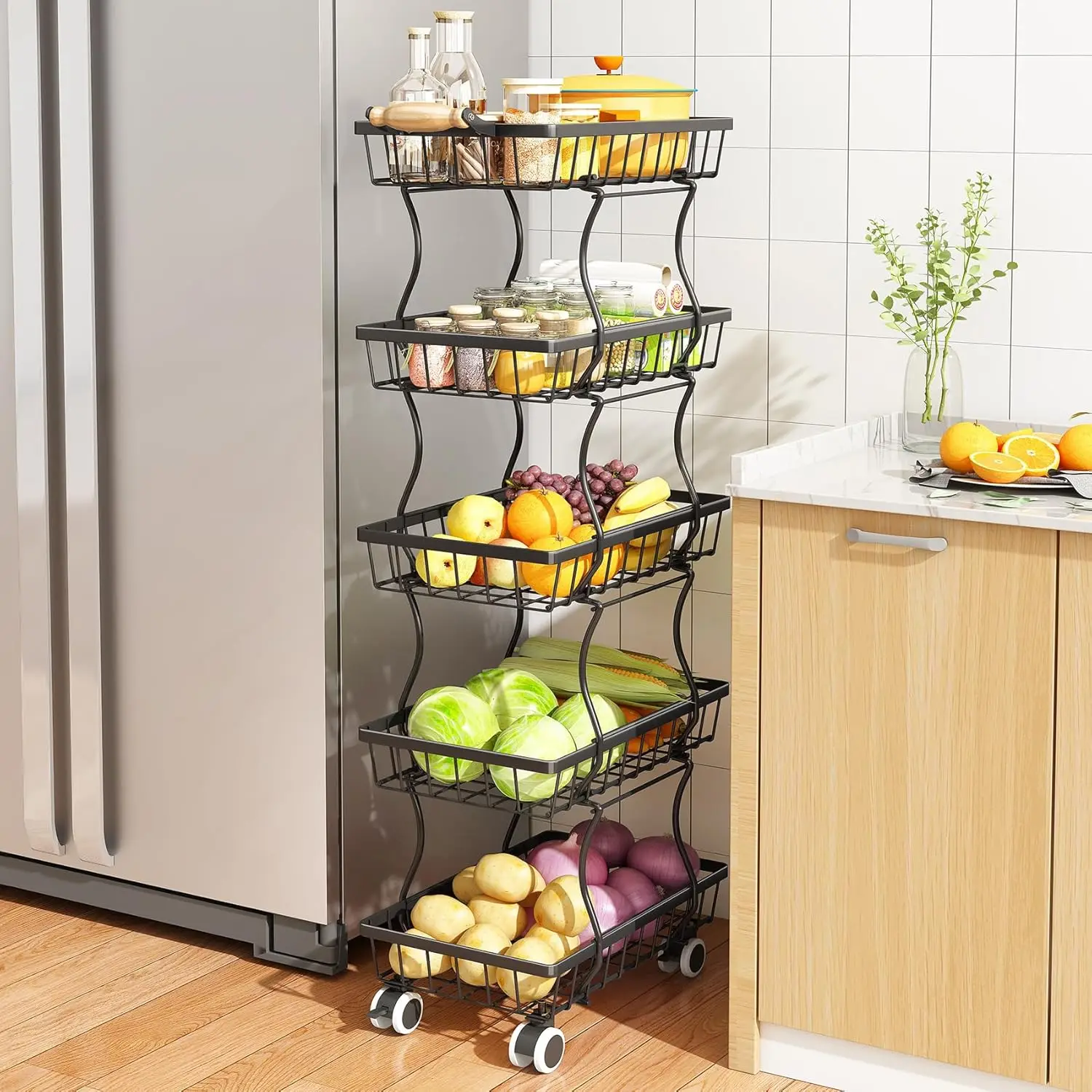 

5-Tier Stackable Metal Wire Basket Organizer for Kitchen Pantry Storage, Black