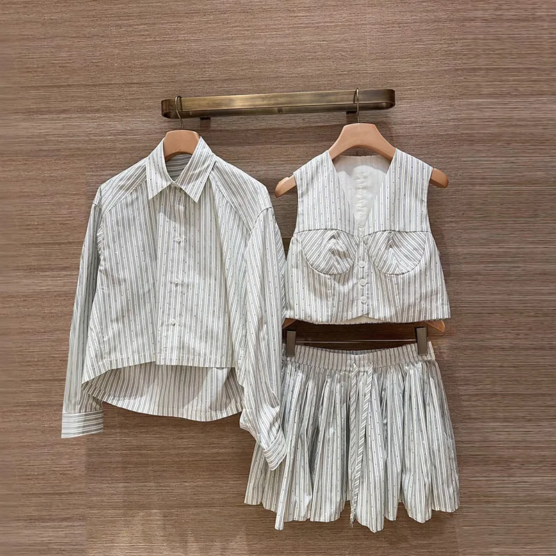 

【Gift Free】2026 Early Spring French Niche Rhinestone Stripe Collared Curved-Hem Shirt V-Neck Vest Mini Dress for Women