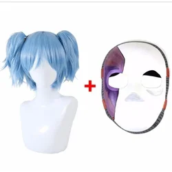 Sally Face Mask Cosplay Props Sally Latex Face Mask Wig Blue Short Heat Resistant Synthetic Hair Clip Double Ponytail Wig