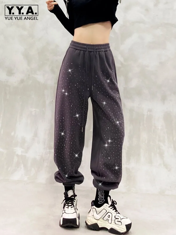 New Designer Women Casual Sweatpants Shiny Diamonds Jogging Pants Lady Elastic Waist Loose Fit Trousers Warm Fleece Lining Pants