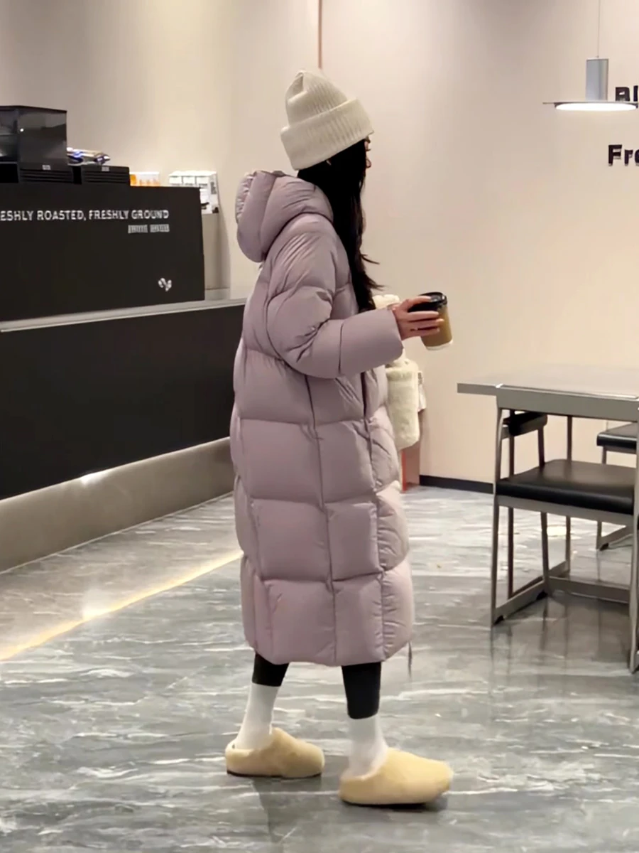 

90% White Duck down Puffer Coat Women's Fashionable Long Hooded Warm Outerwear Korean Style Straight Cut Thickened Zipper