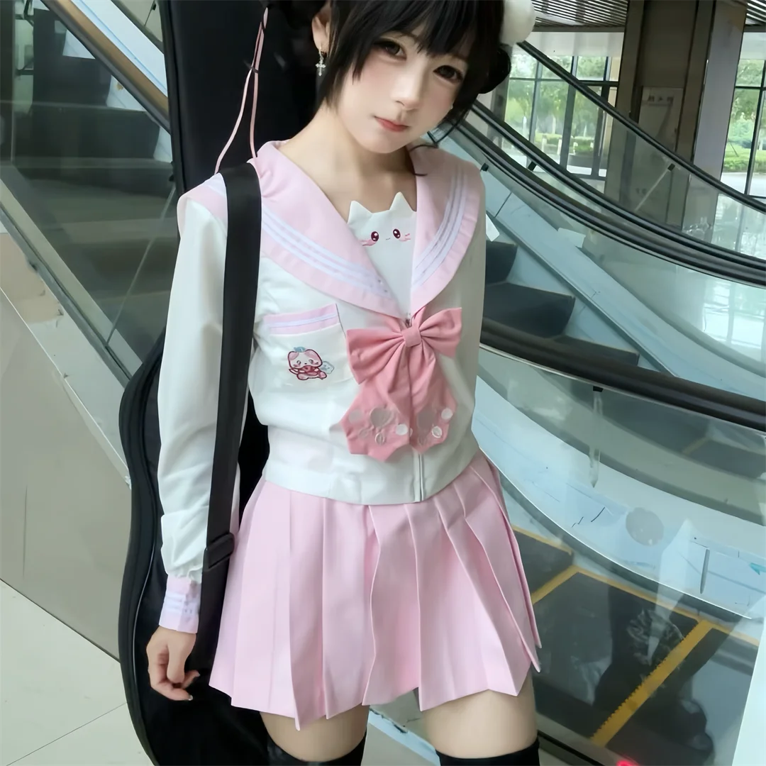 Japanese JK Uniform High-quality Class Uniforms Sailor Suit for Girls Pink Suits Tops Skirt Tie School Uniform Clothing Seifuku