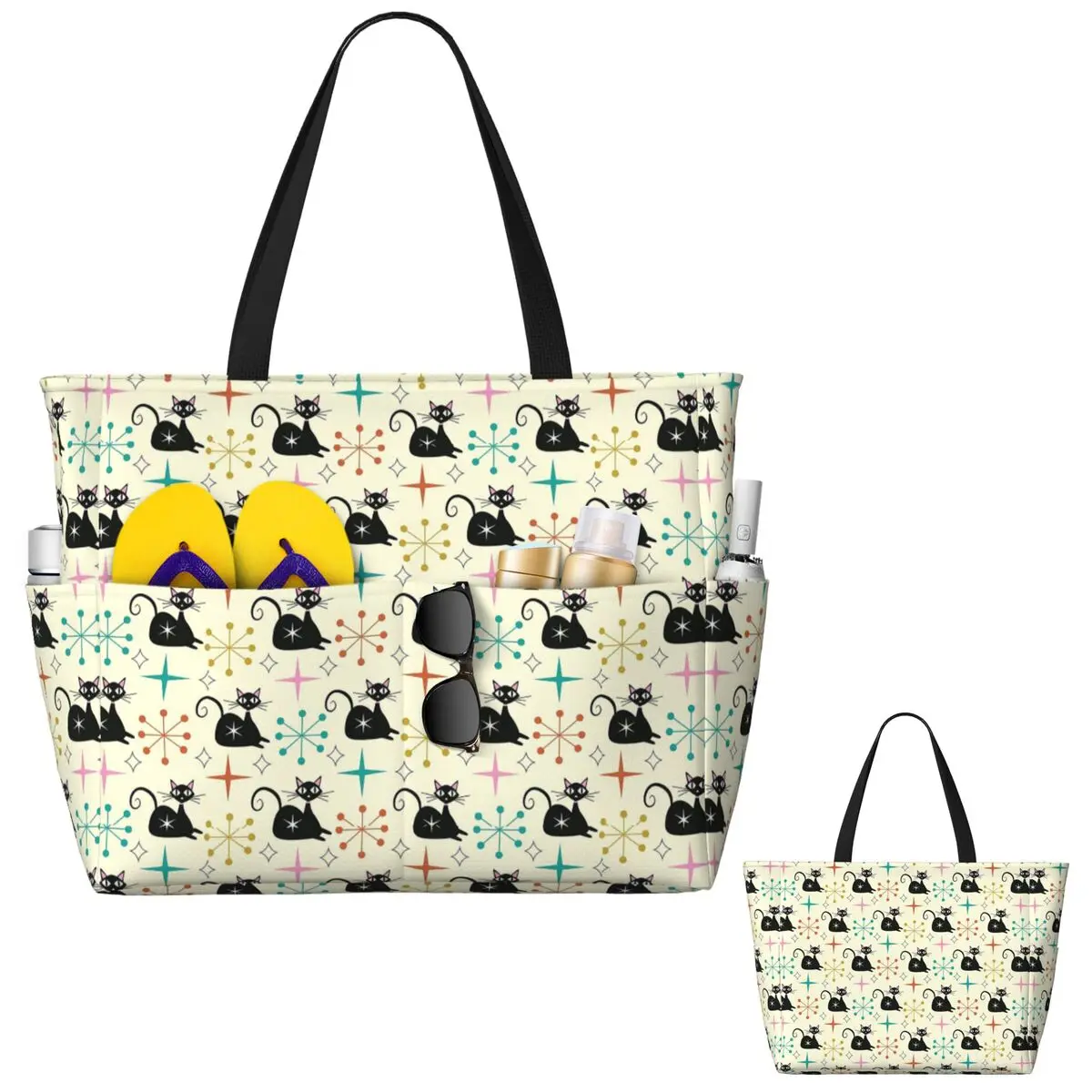 

Mid Century Black Atomic Cat With Starbursts Beach Tote Bag Спортивная спортивная сумка для йоги Duffle Большая женская дорожная сумка Сумка для фитнеса