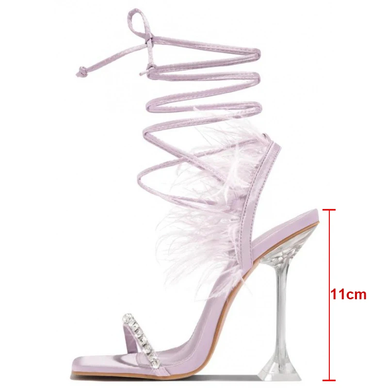 Roman Feather Rhinestone Square Toe High Heels Shoes Woman Summer Autumn Sweet Party Wedding Dress Sandals Woman view 4