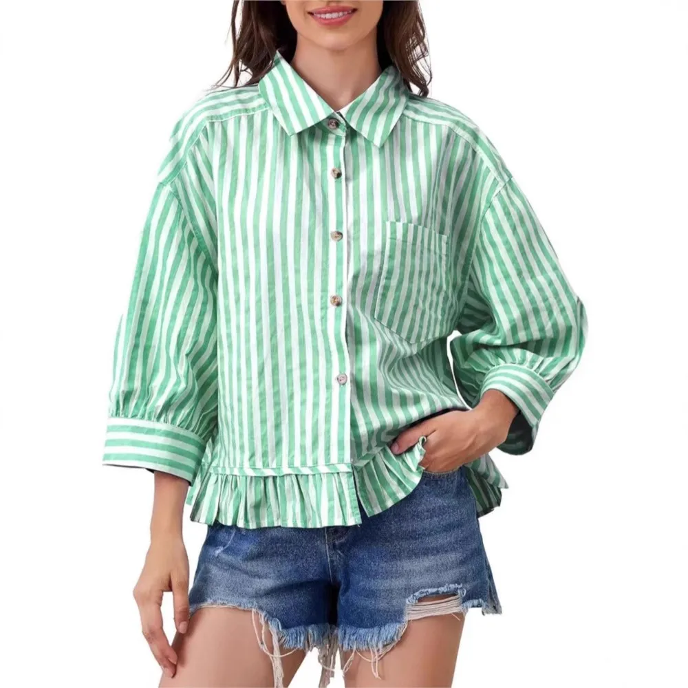

Fashion Printed Striped 7-quarter Sleeve Women's Shirt Spring Autumn New Style Casual Loose Ruffled Hem Shirt Female Tops 2025