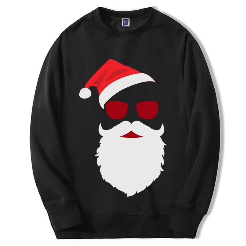 Xmas Hoodies Hipster Santa Face With Hat Beard & Glasses Christmas Long Sleeve Fleece Sportswear Casual Sweatshirts Outdoor