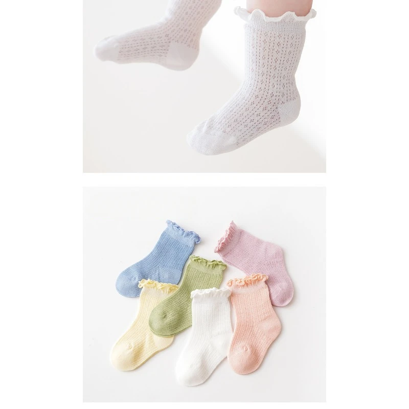 Summer Thin Baby Short Socks Mesh Class A Combed Cotton Solid Color Lace Wide Mouth Infant Children Stockings Soft and Breathy