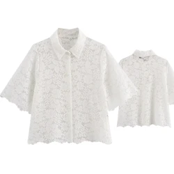 Jenny&Dave Nordic Minimalist Summer Casual Fashion Elegant Lace Shirt Commuter Short Sleeved White Shirt Blouse Women Tops