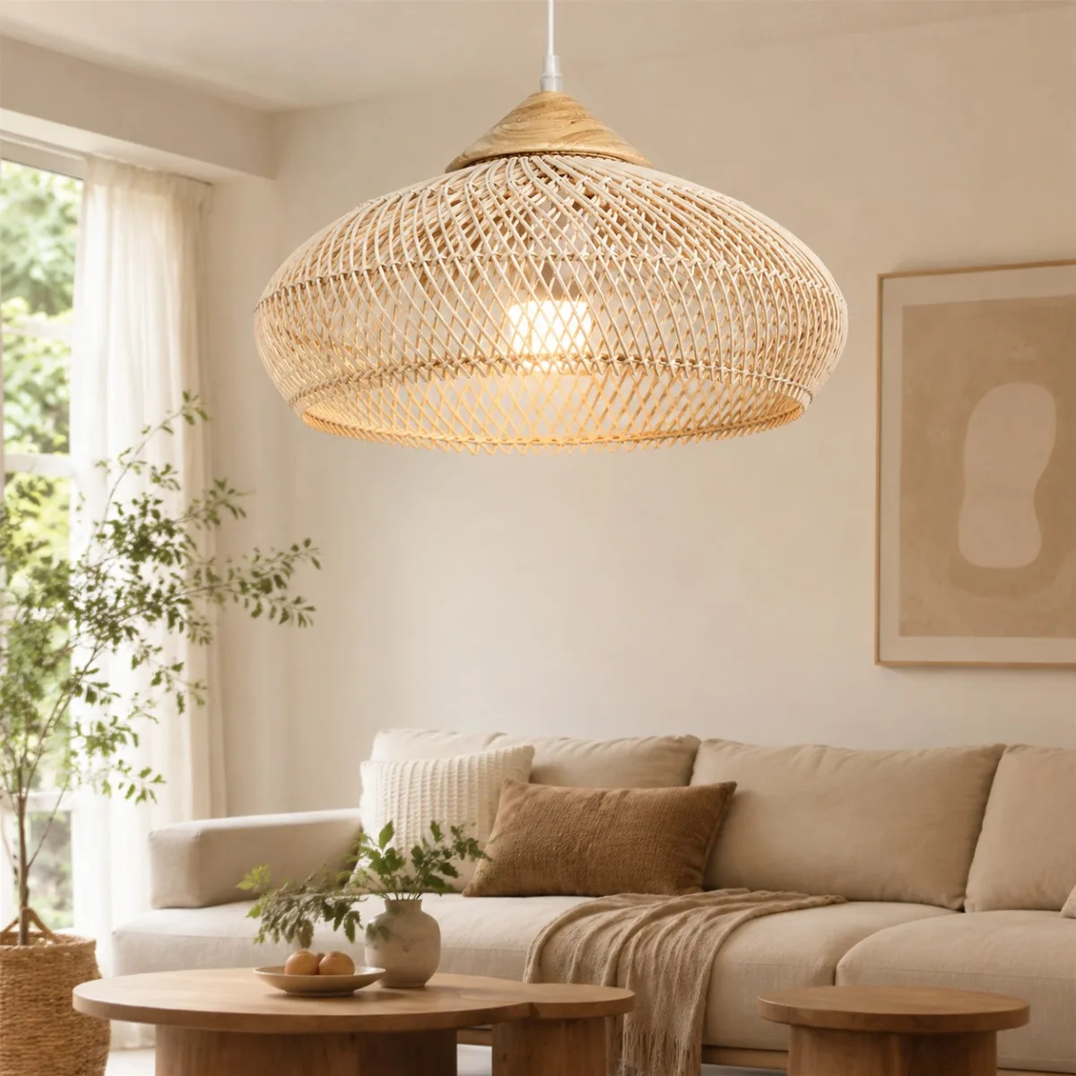 JOYINLED 40CM Rattan Pendant Light, Handmade Wabi Sabi Wicker Hanging Lamp, Retro Ceiling Fixture for Kitchen Island Dining Room