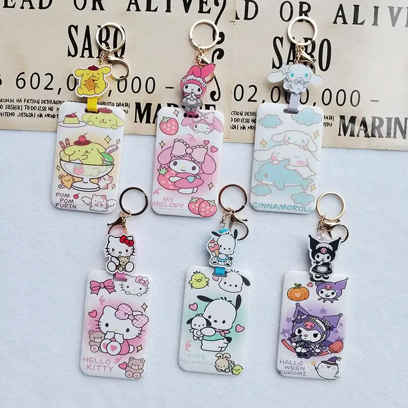 Kawaii Sanrio Hello Kitty Cinnamoroll My Melody Pochacco Kuromi Card Holder Bag Pendant Key Chain Anti Loss Stationery For Girls