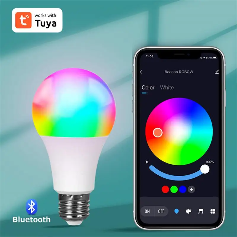 AUBESS Wireless Bluetooth Smart Bulb Tuya APP Control Dimmable 15W E27 RGB+CW+WW LED Color Change Lamp Smart Home Decor