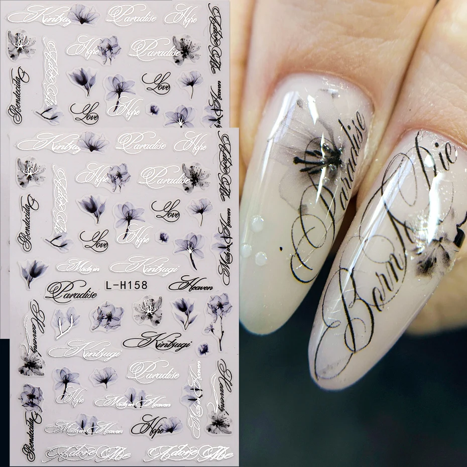 Ink Floral With English Script - đánh giá và giá Nail Art Elegant