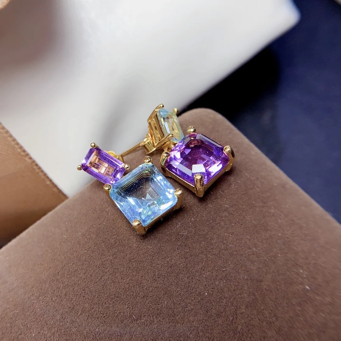 FS S925 Sterling Silver Natural Amethyst Topaz Asymmetric Earrings for Women Fine Charm Wedding Jewelry With Certificate MeiBaPJ - view 6
