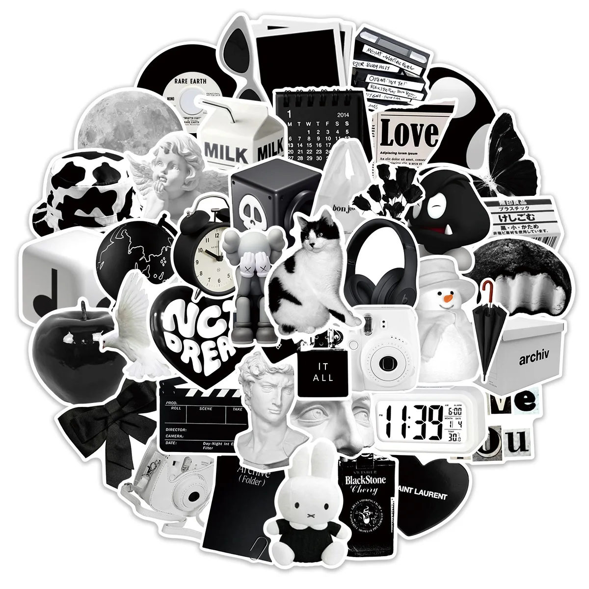 50PCS Ins Style Apathy Black White Simple Decals Cute Stickers Aesthetic Phone Notebook Suitcase Laptop Fridge Wall Sticker