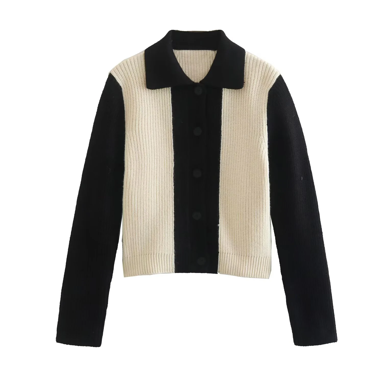 Flip collar short sweater jacket for women, with a niche design and a black and white patchwork color blocking knit cardigan