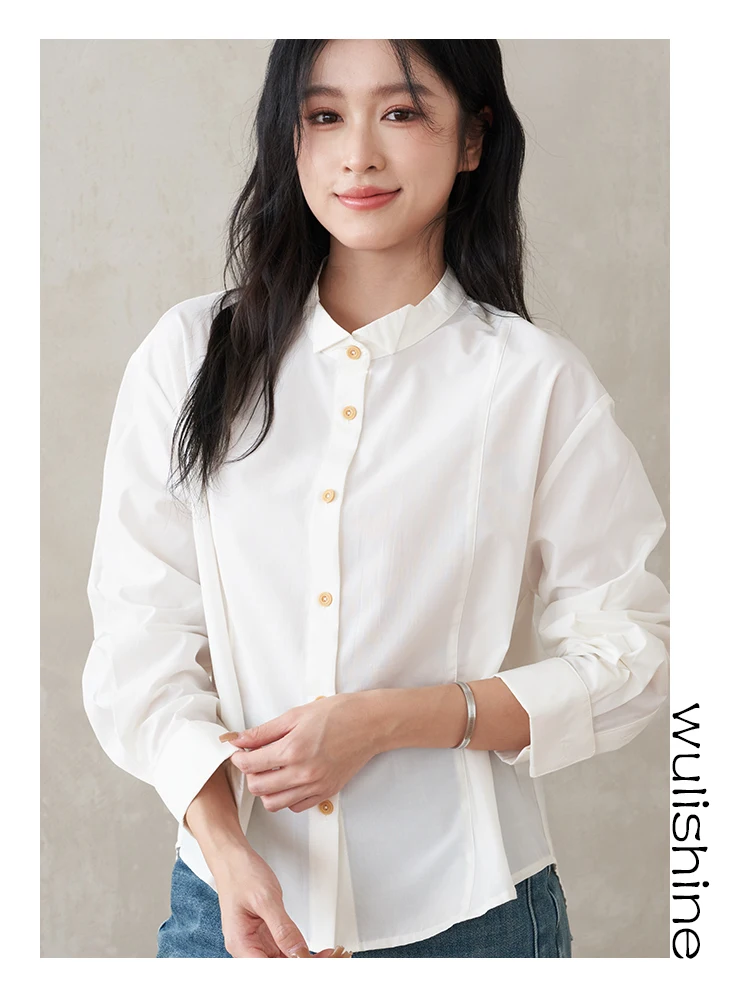 

White Long Sve e Collar irt Vertical Seng Line Versatile Small Size S793 Commute Sle Loose Fit Polyester Cot...