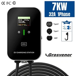 New 7KW Type2 Electric Vehicle Charger 32A EV Charging Station Type1 GBT EVSE Wallbox 1Phase EV Chargers with Screen Card