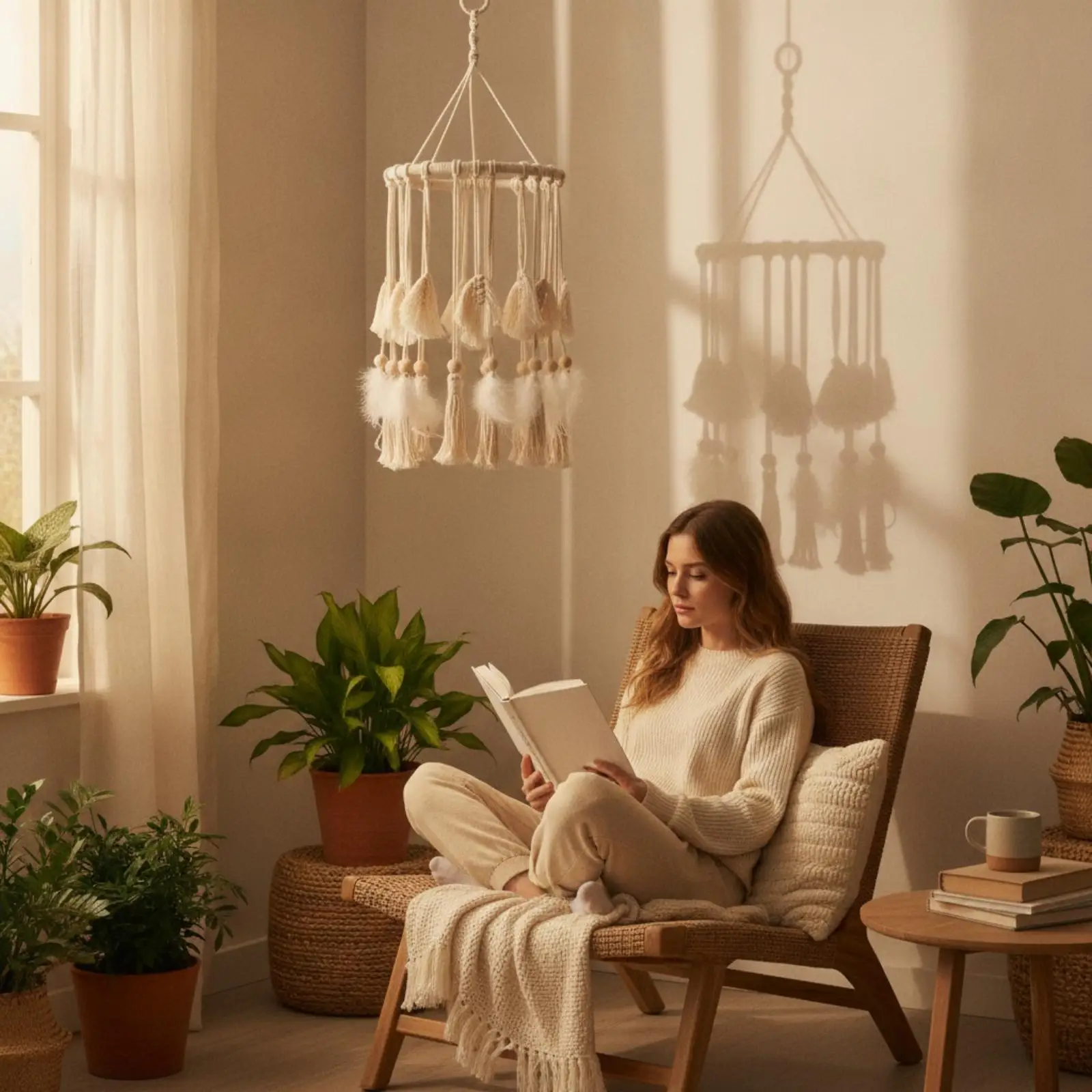 Handmade Macrame Lampshade Pendant Light with Tassels Woven Rope Shade for Nordic Living Room Bedroom Balcony
