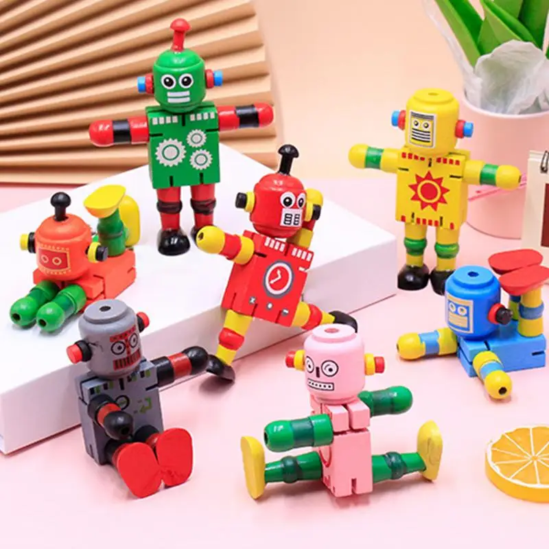 Robot Puppet Wooden Toy Robots Joint Adjustable Wooden Robot Toy Desktop Figure Stress Relieving Toys Gifts for Children Kids