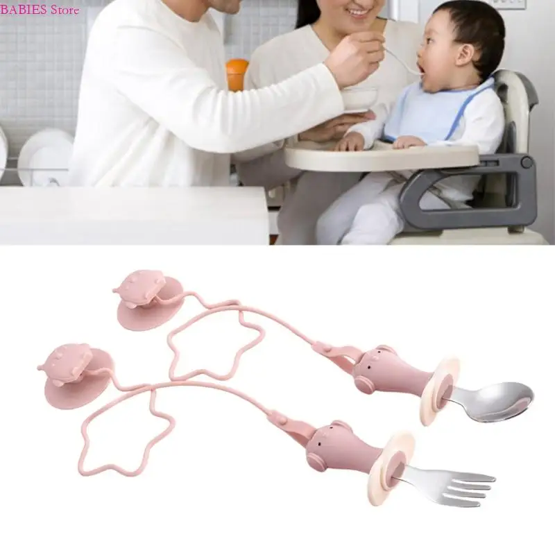 C9GB Unbreakable Toddler Spoon and Fork Set z łańcuchem zapobiegania stratowi ssącej do niezależnej praktyki żywieniowej
