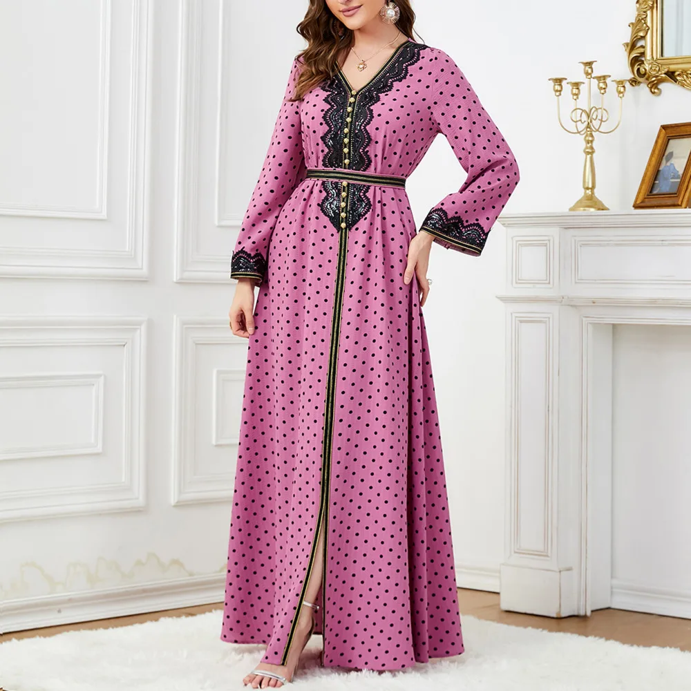 

Abaya Polka Dot Embroidered Ball Long Slept V-neck High Waisted Women's Clothes 2024 New Kebaya Maxi Dress Caftan Marocain Femme