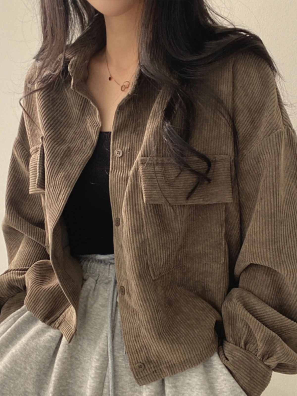 

Corduroy ort Jaet Women's ey Bla Autumn 2023 New Sle Commute Loose Fit Long Sve Collar Button up Single Piece