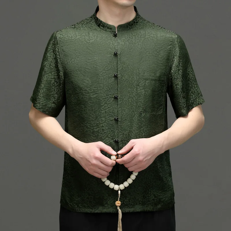 High Quality Real Silk Summer Menswear Suit Shirt Short Sleeve New Chinese Style Heavy Jacquard Thin Dad Fashion