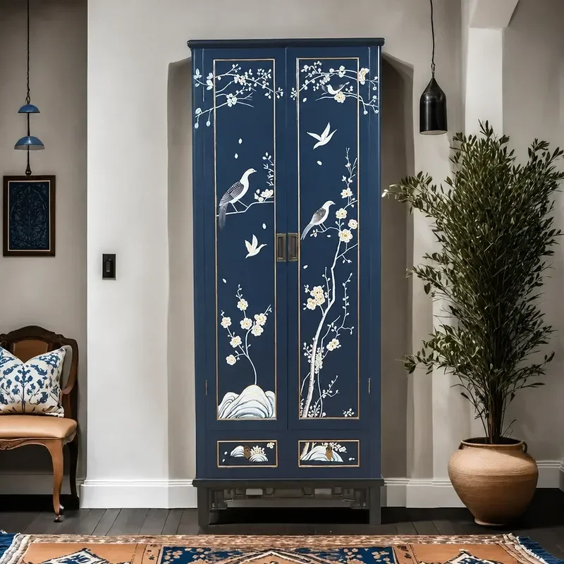 New Chinese Solid Wood Wardrobe with Flower and Bird Gold Foil Painting Large Capacity Bedroom Furniture High Cabinet Fully