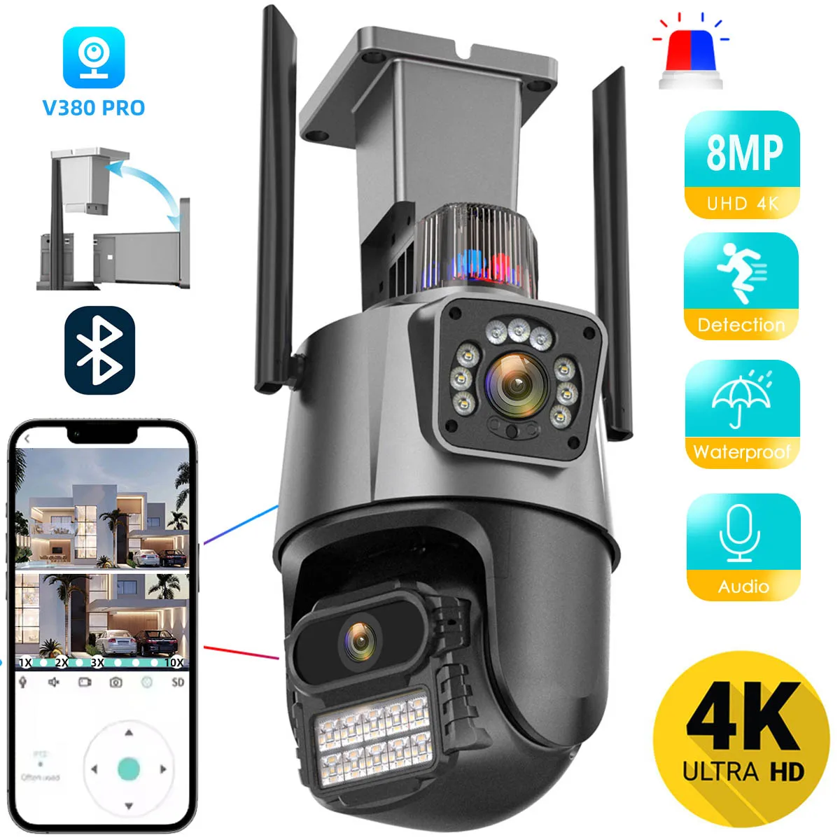 V380 Outdoor WiFi PTZ Camera 4K 8MP Dual-Lens(8MP+4MP) Dual Screen AI Auto Tracking Police Light Alarm Surveillance