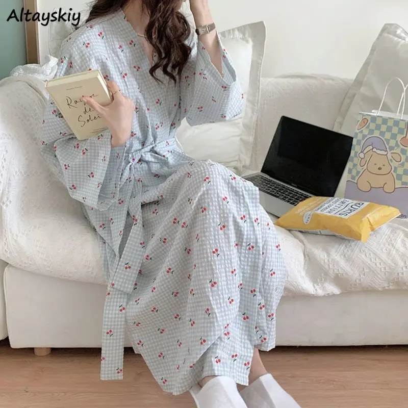 Plaid Robes Women Cherry Home Wear Daily Simple Sweet Temperament Loose Ins Fashion Spring Ulzzang Bandage Korean Style Comfort