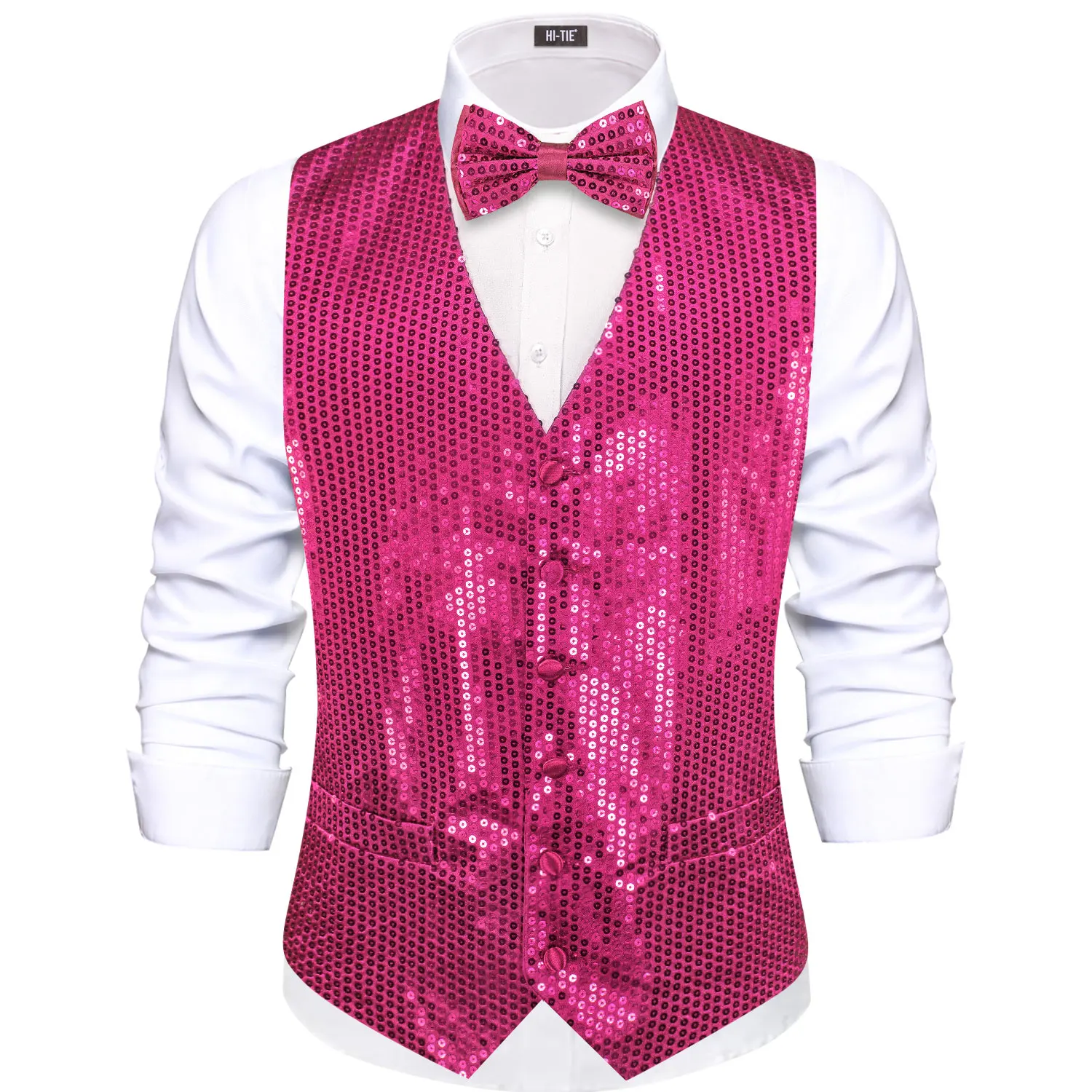 Hi-Tie Jacquard Hot Pink Sequin Collar Suit Vest Slim Fit Waistcoat for Wedding Groomsmen V-Neck Tuxedo Sleeveless Jacket