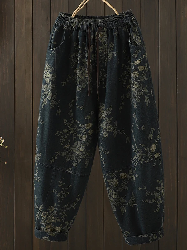 Retro plus Size Loose Slimming Print Frayed Denim Wide Leg Pants Autumn Casual Straight Cut Natural Waist Cotton Polyester Blend