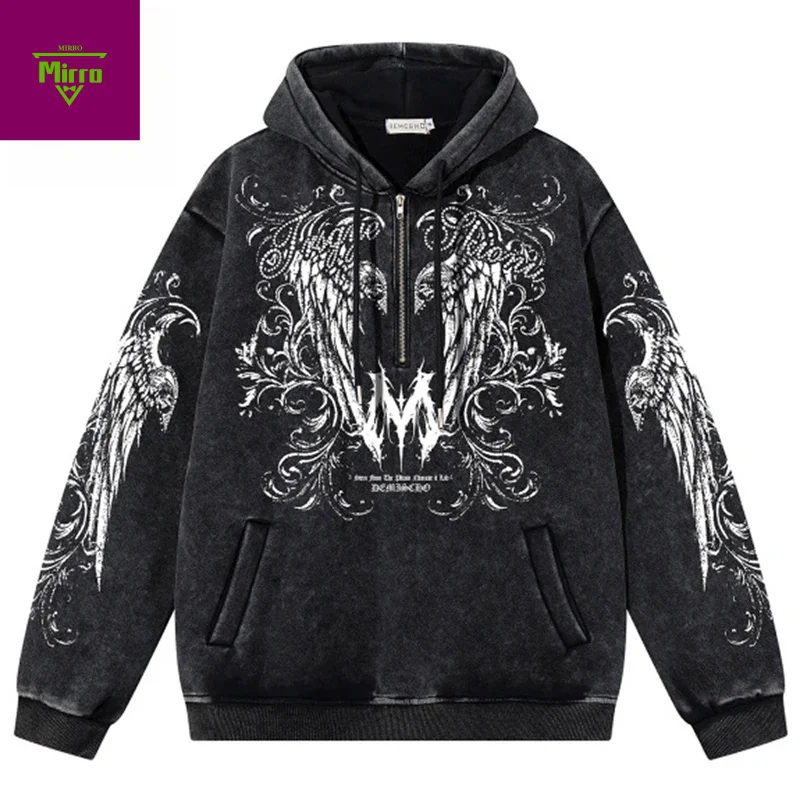 

【Mirrordust】Vintage Graphic Winter Plush Sweatshirts Men Streetwear Harajuku Hip Hop Oversized Half Zip up Hoodies