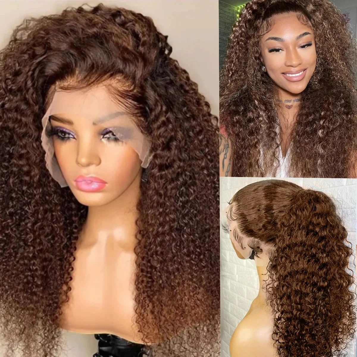

Афро-кудрявый синтетический парик шнурка с глубокими вьющимися волосами Ombre Коричневый цветной парик 13x4 HD Парик фронта шнурка Темно-русый предварительно выщипанный ежедневный парик для вечеринок
